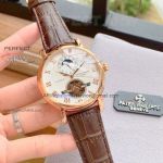 Perfect Replica Patek Philippe Moonphase Rose Gold Brown Leather Band Replica Watches